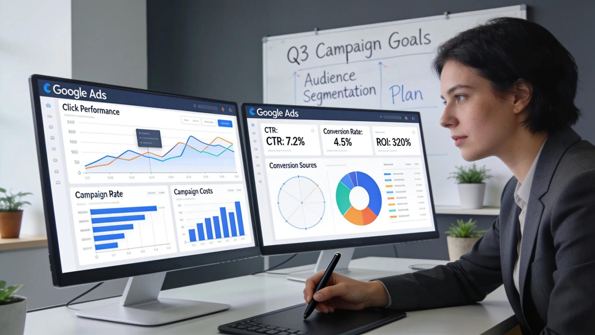 Marketing professional analyzing Google Ads performance data in a modern workspace