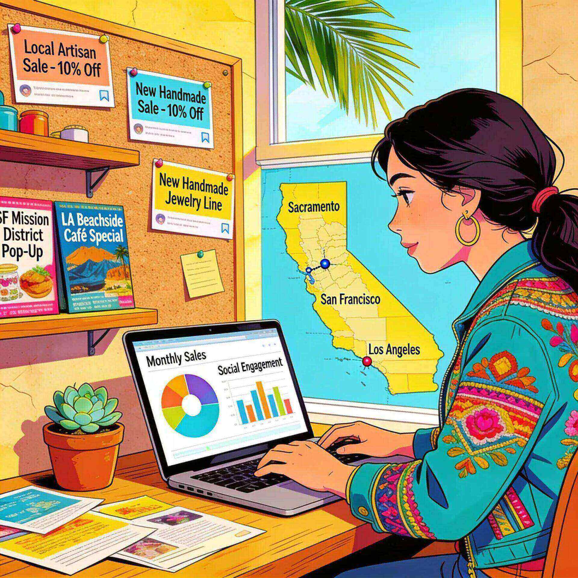 Small business owner using digital marketing tools in a California setting