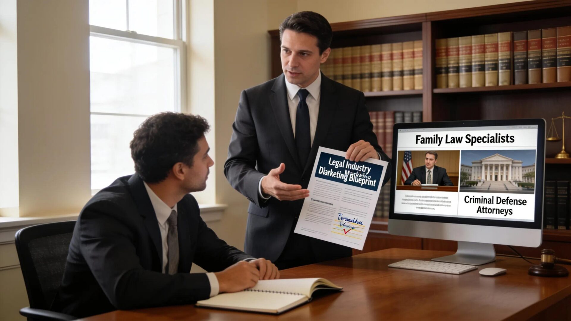 Lawyer consulting with a client about tailored Google Ads strategies in a professional office