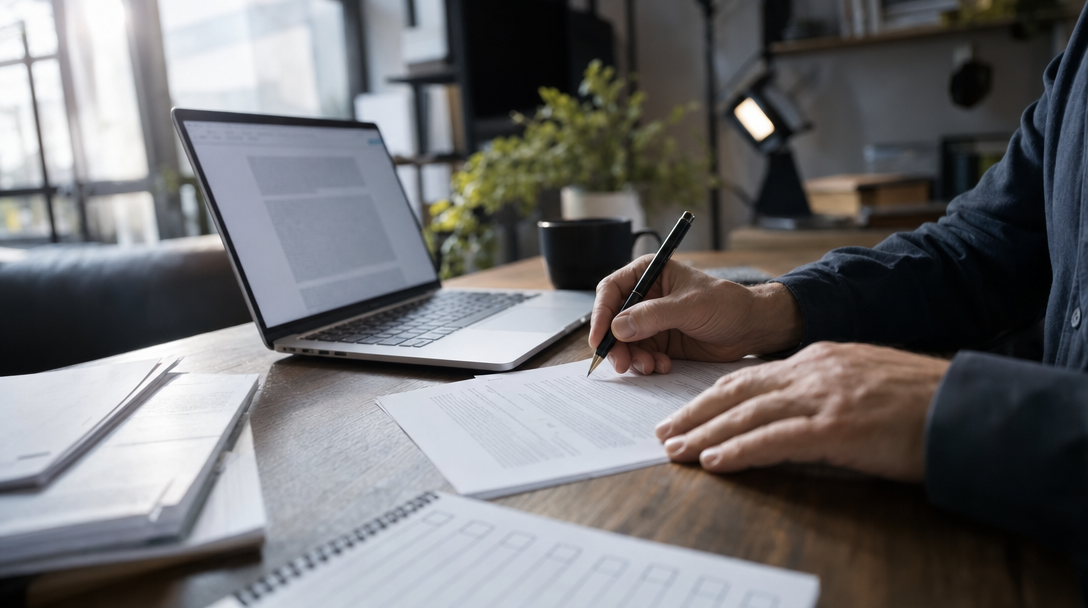 Editor reviewing an article draft against a checklist before publishing