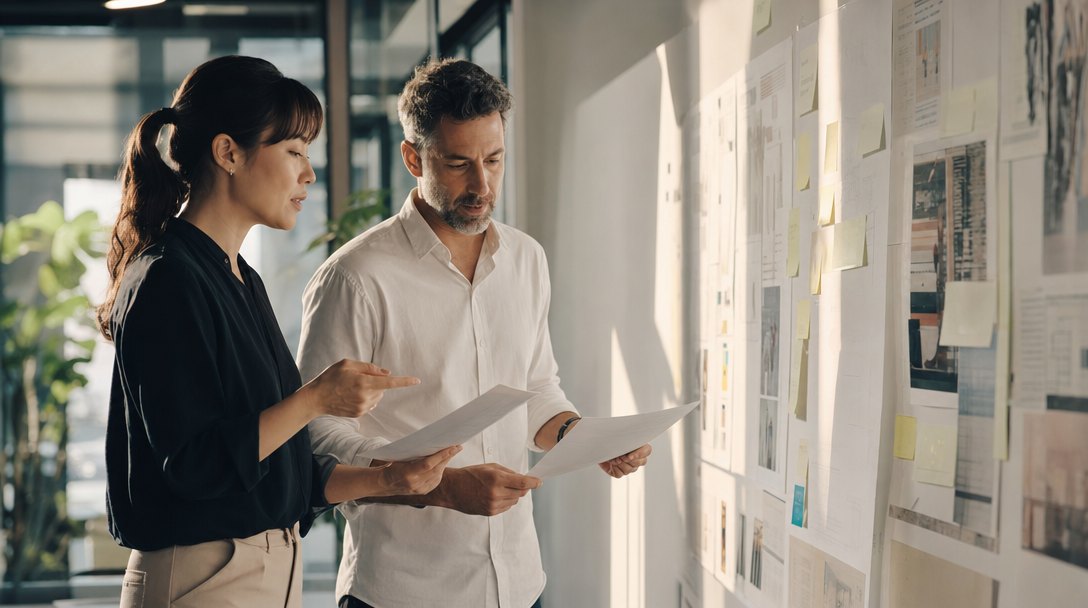 Two colleagues at a whiteboard reviewing printed marketing reports and sticky notes