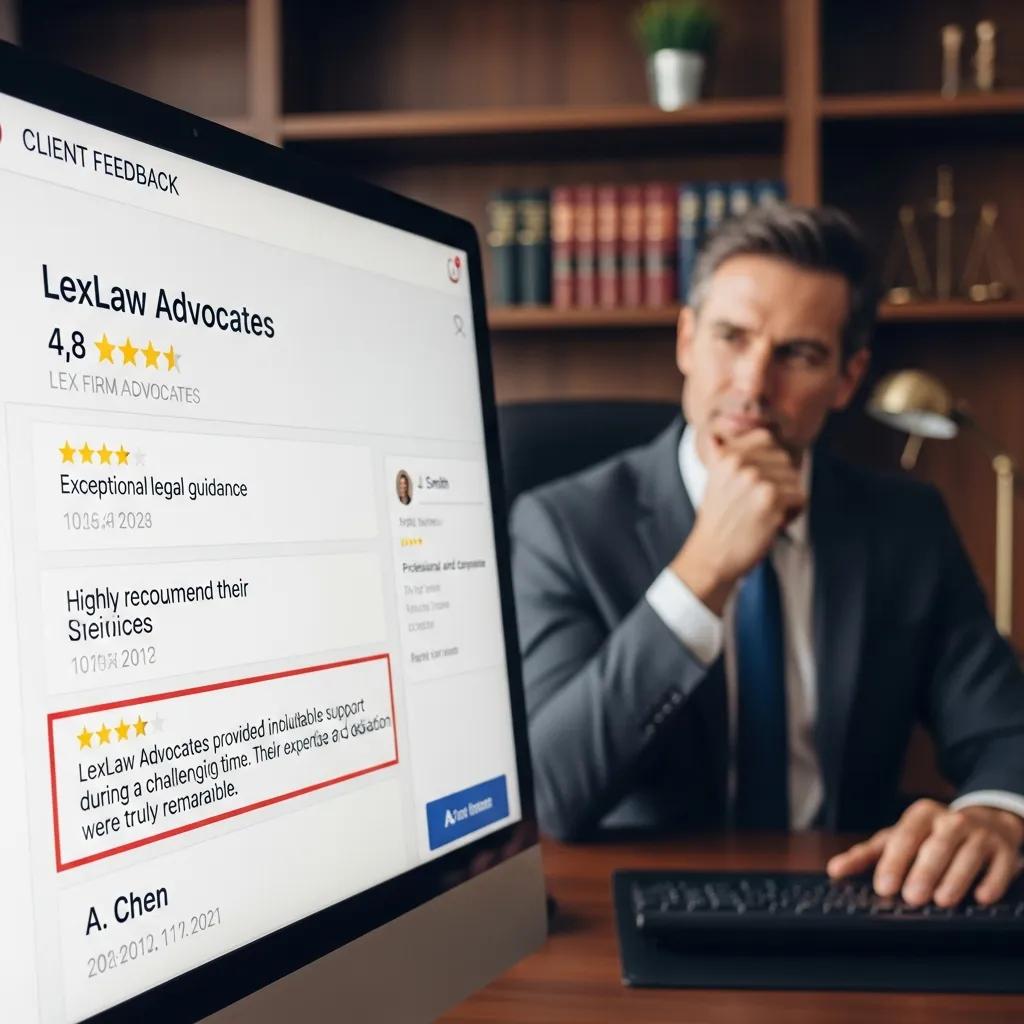 Attorney reading positive online client reviews at a desk