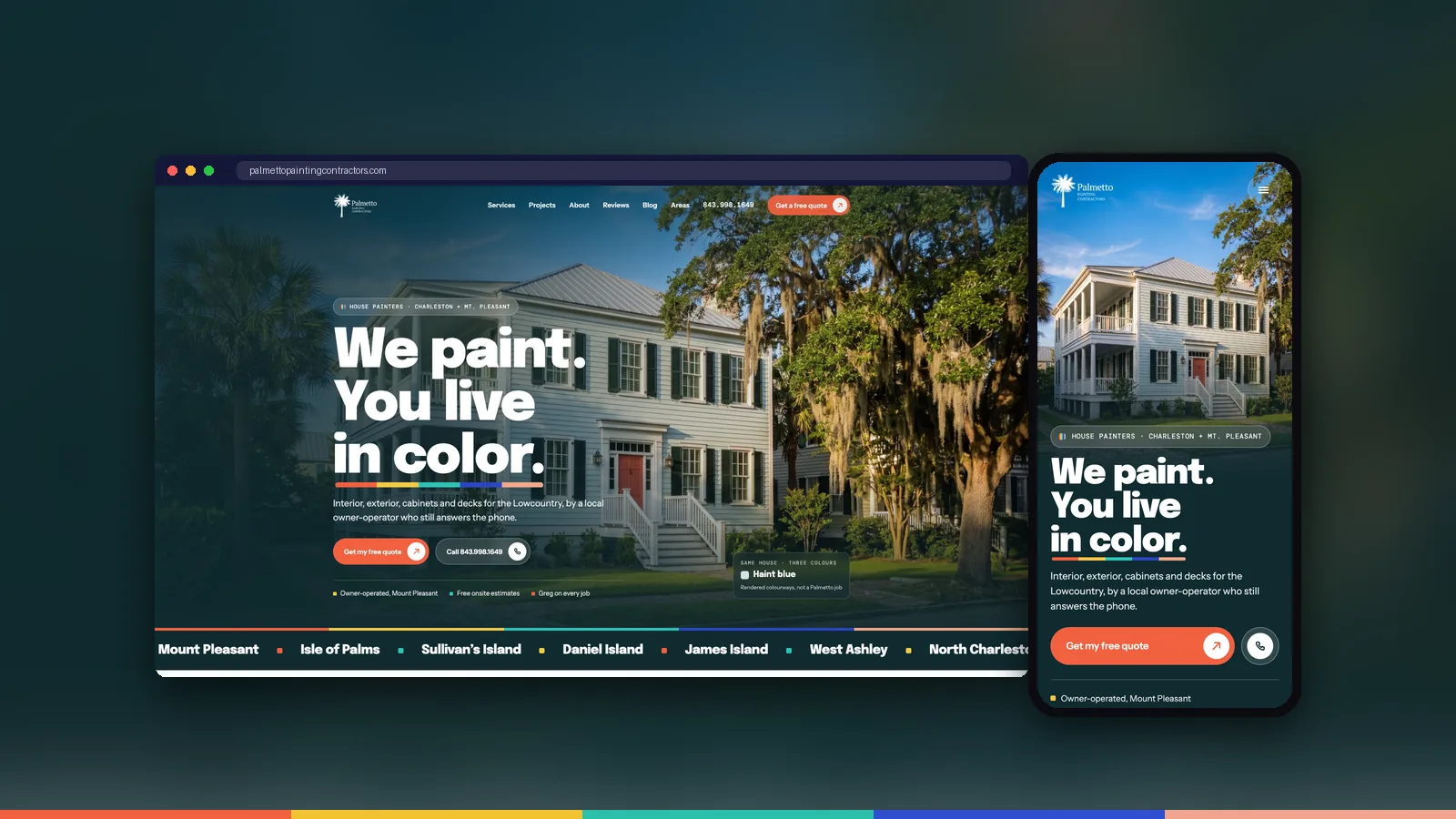 The new Palmetto Painting Contractors website shown on a desktop browser and a phone, side by side