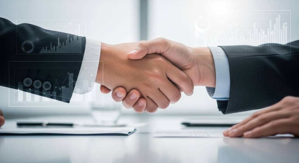 Business handshake over a conference table signifying a signed retainer, with growth charts in the background