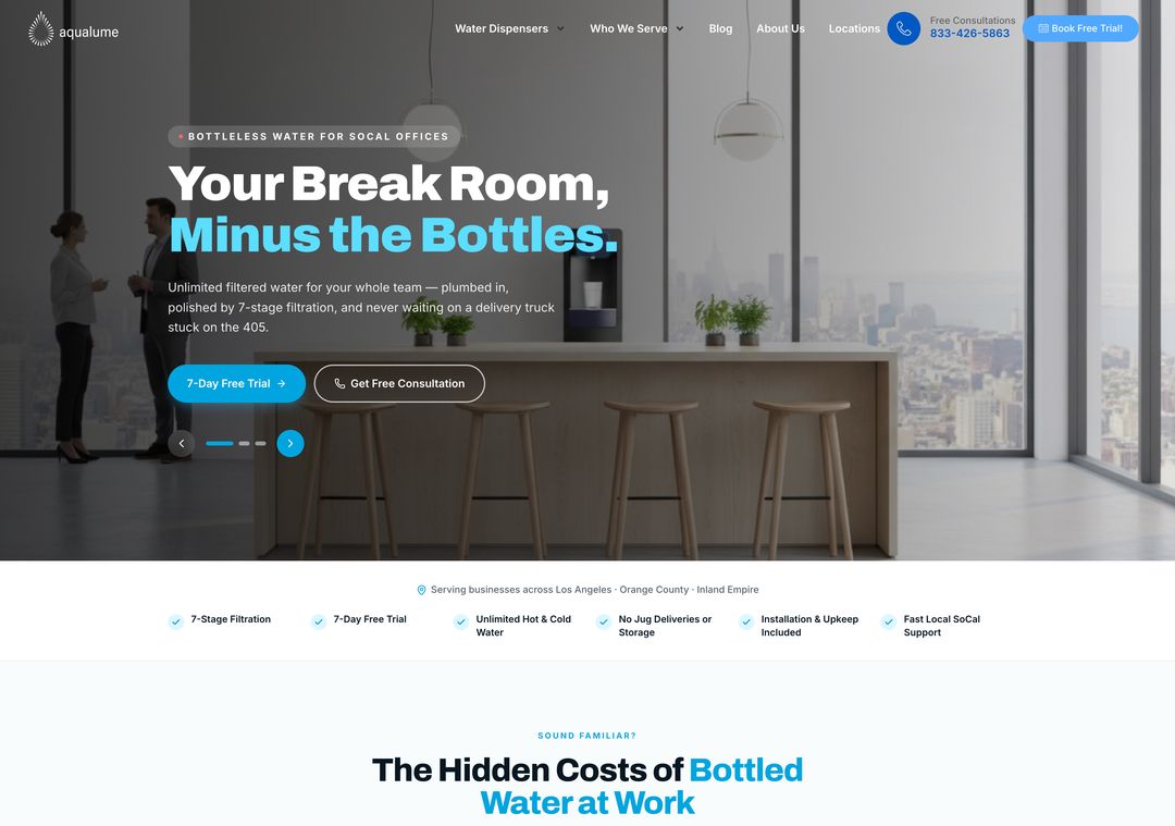 Aqualume bottleless water cooler company website designed by ByteZero — homepage