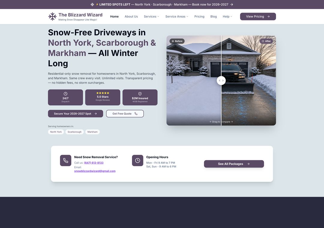 Blizzard Wizard snow removal service website designed by ByteZero — homepage