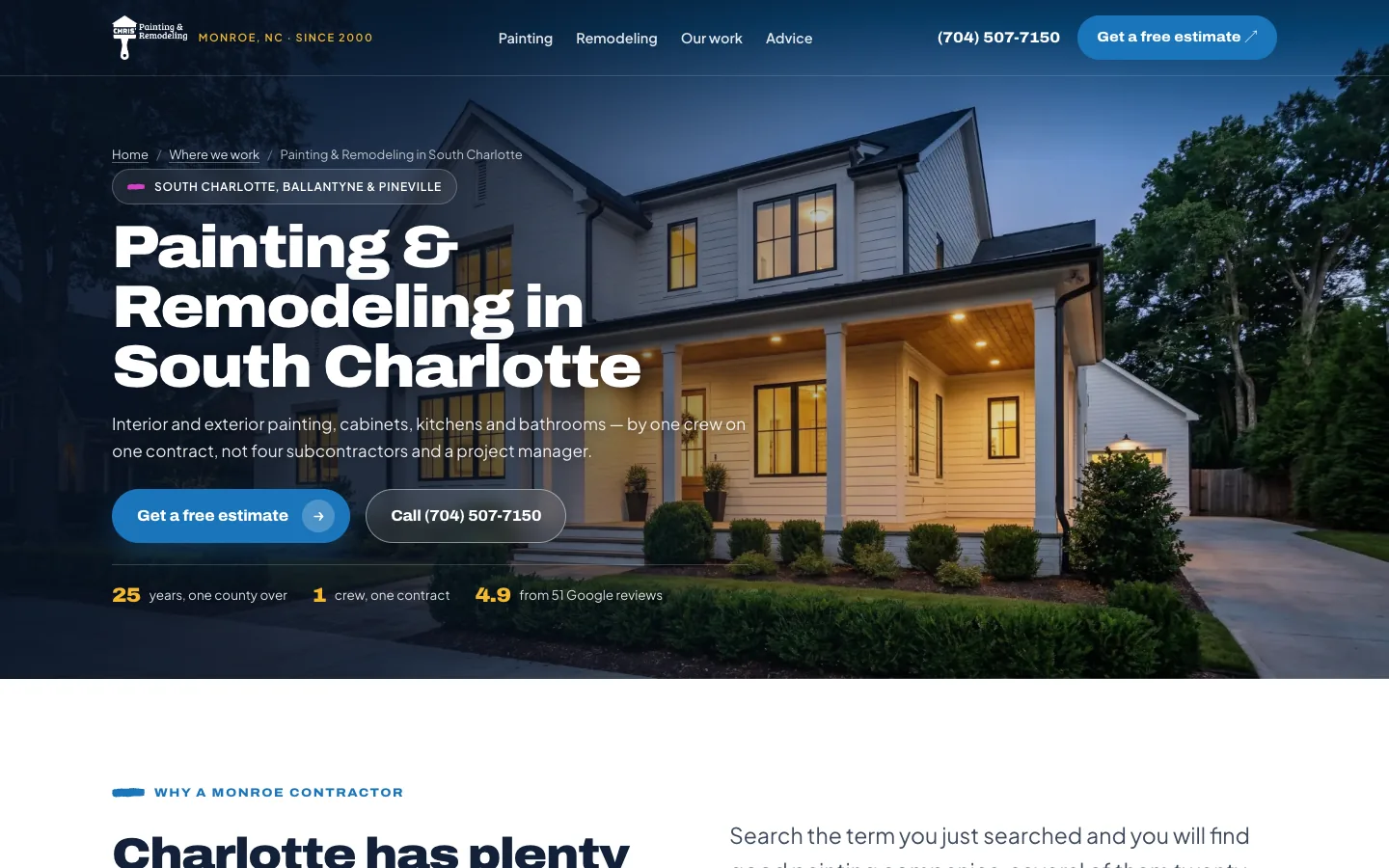 The South Charlotte, Ballantyne and Pineville service-area page on the Chris' Painting and Remodeling website