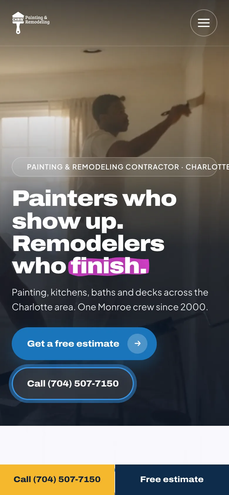 Chris' Painting and Remodeling homepage on a phone, with a sticky bottom bar offering a call or a free estimate