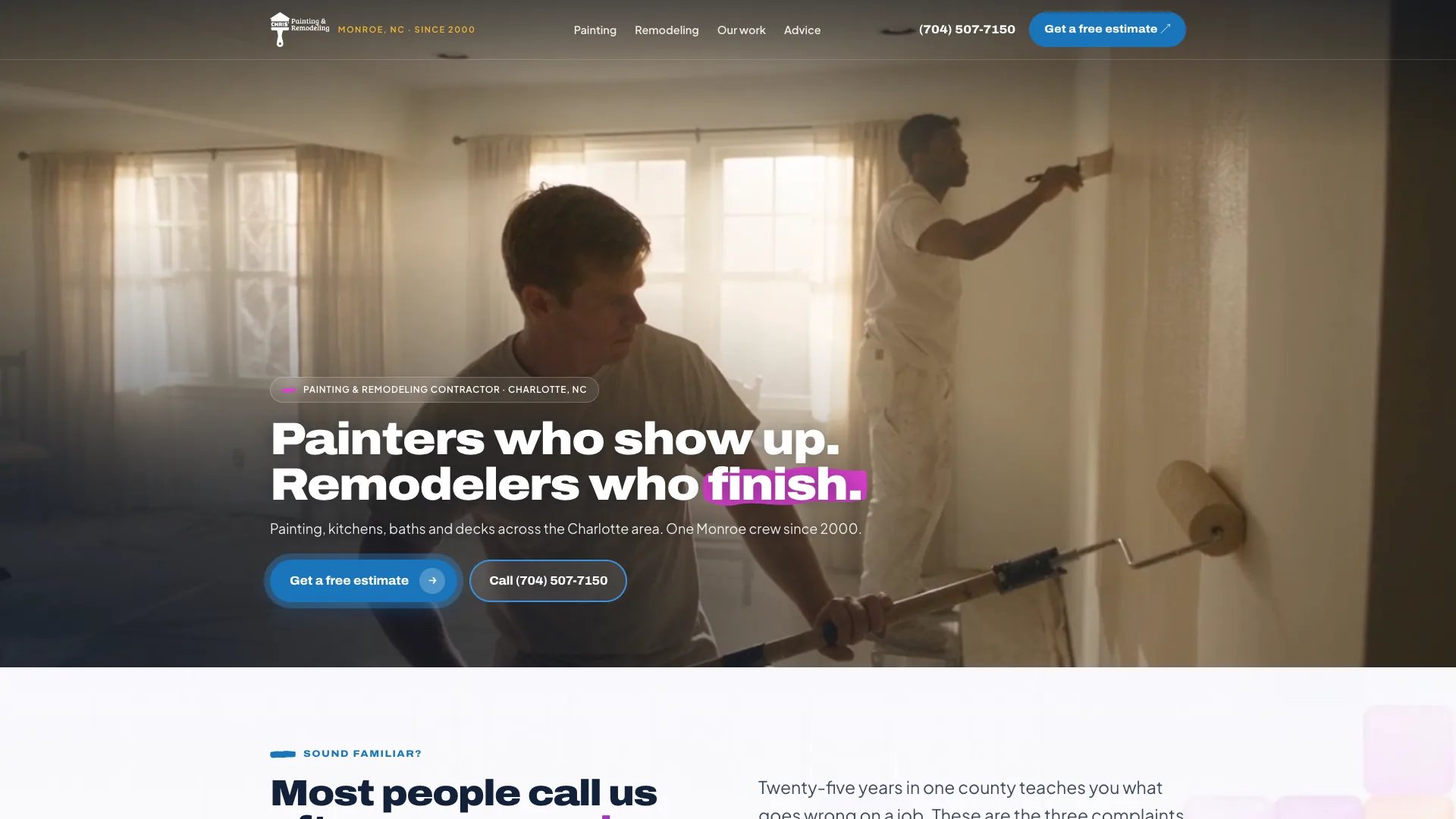 Chris' Painting and Remodeling homepage designed by ByteZero, with the headline Painters who show up, Remodelers who finish, and buttons for a free estimate and a phone call