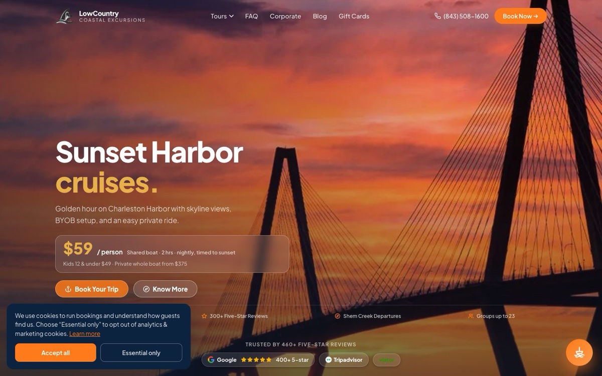 Charleston Shark Teeth Hunting homepage, a tour booking site built by ByteZero