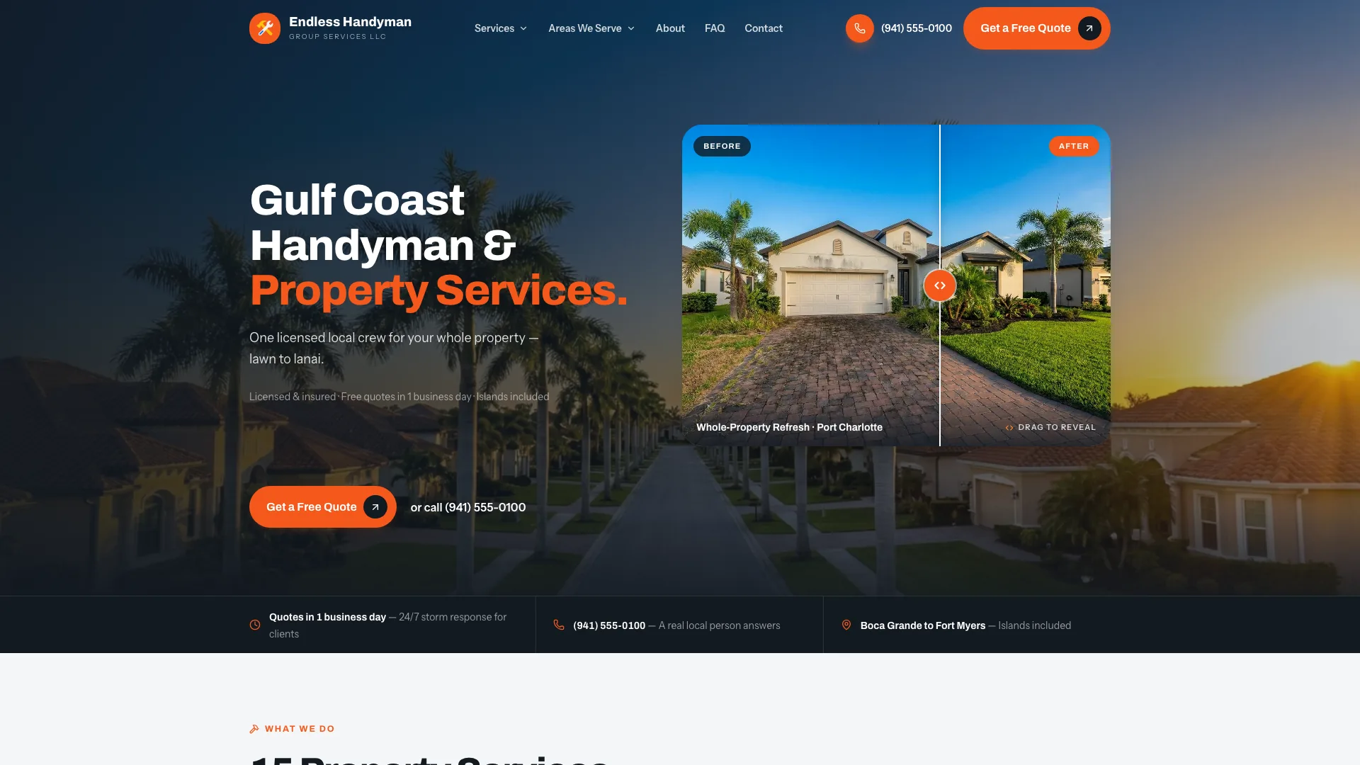 Endless Handyman Group homepage built by ByteZero, showing the Gulf Coast handyman and property services hero with a before and after project slider