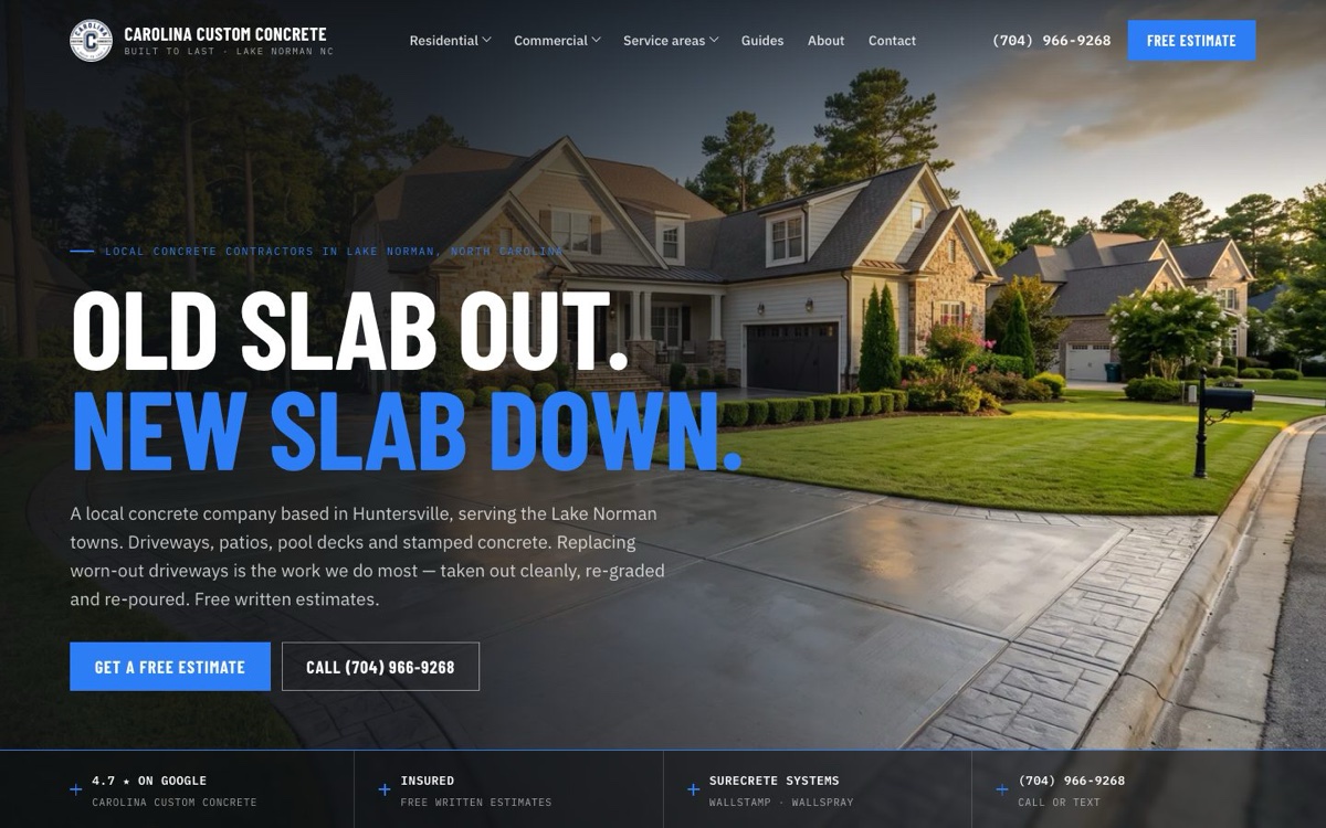 Carolina Custom Concrete homepage, a Huntersville concrete contractor site built by ByteZero
