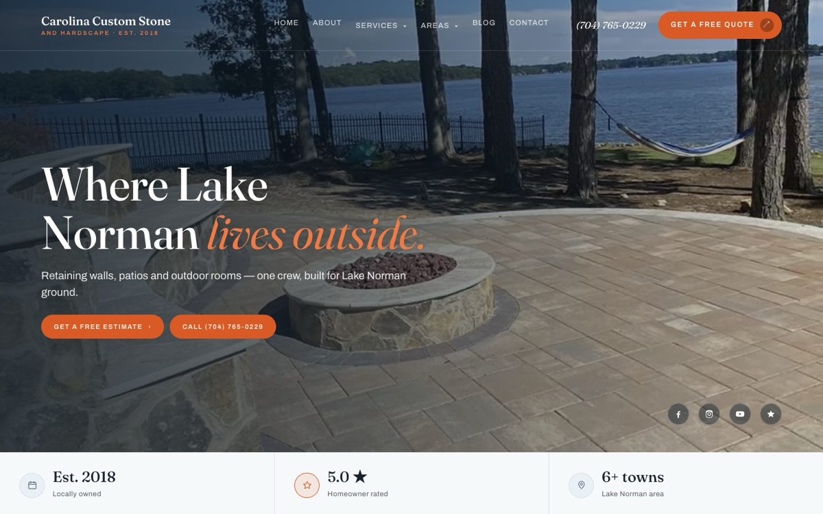 Carolina Custom Stone and Hardscape website homepage