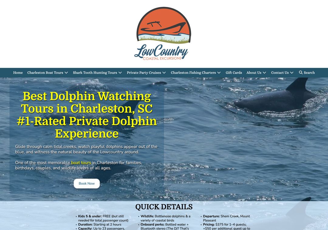Lowcountry Coastal Excursions dolphin tour booking website designed by ByteZero — homepage