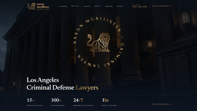 The new Law Office of Aaron P. McAllister website — gold lion crest, credentials and case-review call to action