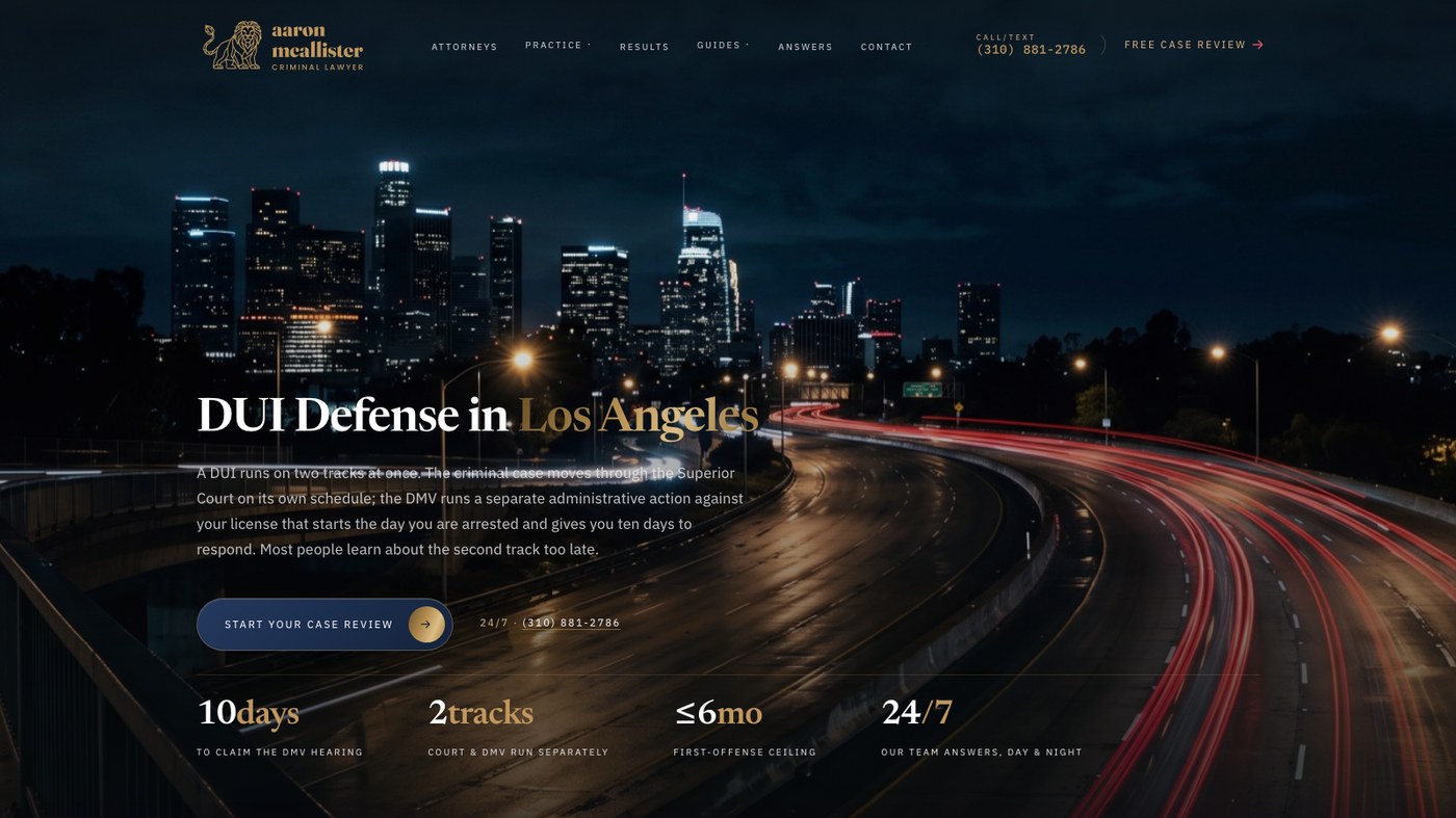 DUI Defense practice-area page on the McAllister site, showing the two-track criminal and DMV timeline