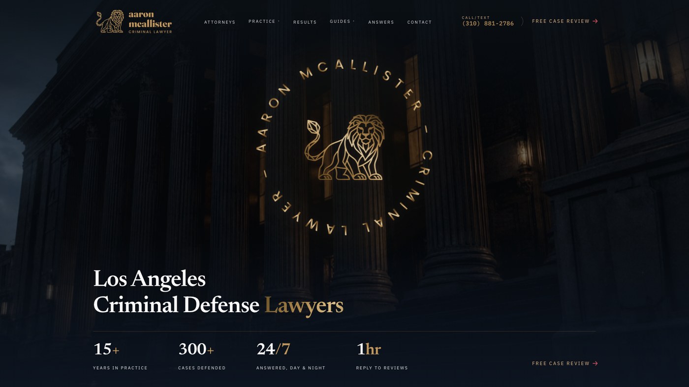 Law Office of Aaron P. McAllister homepage — gold lion crest on a dark courthouse hero, built by ByteZero