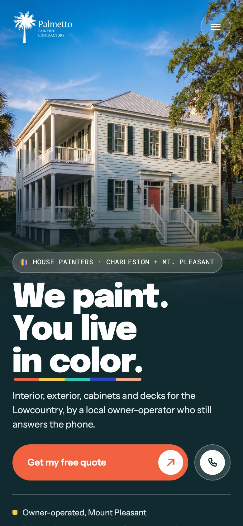 Palmetto Painting Contractors homepage on a phone, with the free quote and call buttons in the first screen