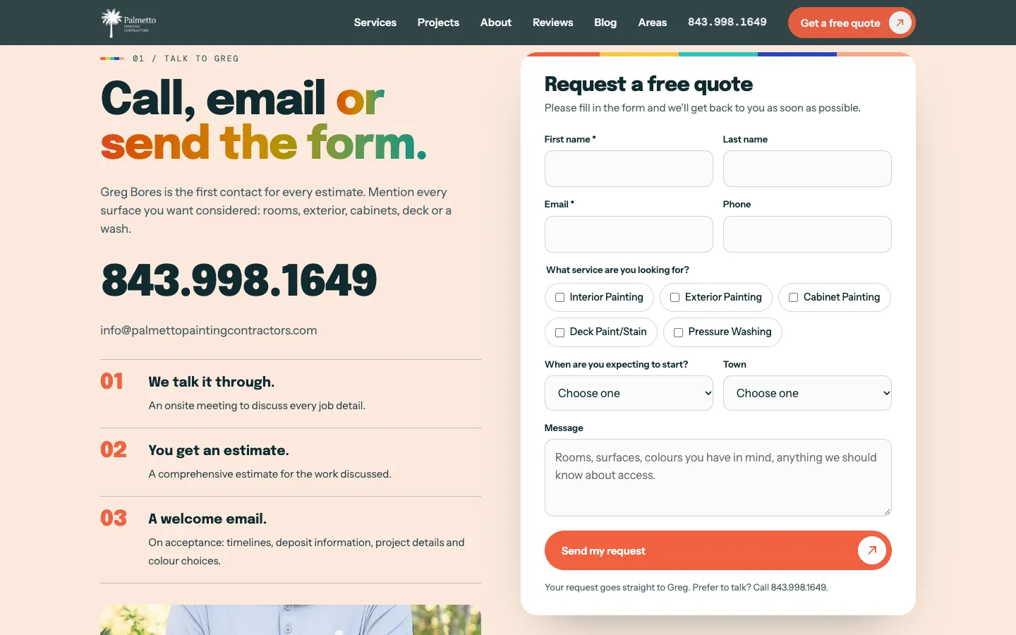 The free quote form on the Palmetto Painting Contractors contact page, with service checkboxes, start date, town and message