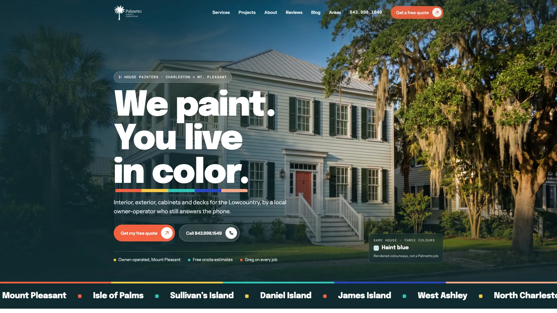 Palmetto Painting Contractors homepage designed by ByteZero, with the headline We paint. You live in color. and buttons for a free quote and a phone call