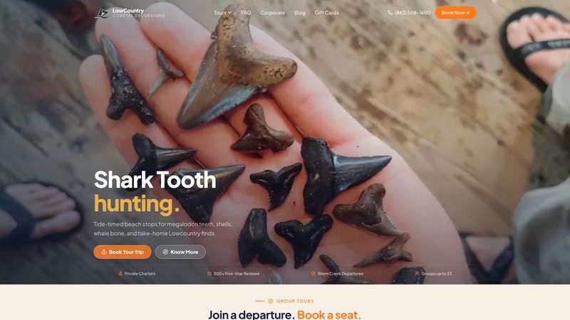 Charleston Shark Teeth Hunting tour company website designed by ByteZero — homepage