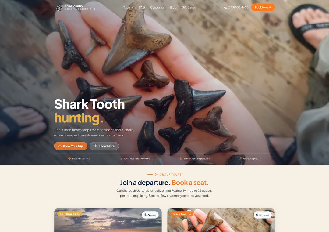 Charleston Shark Teeth Hunting tour company website designed by ByteZero — homepage