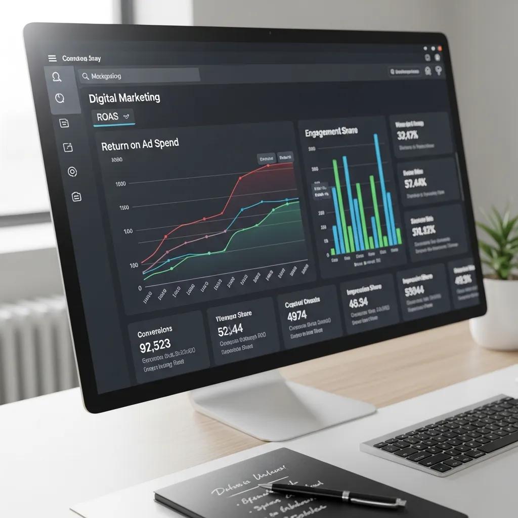 Digital marketing dashboard displaying key metrics for ROI analysis
