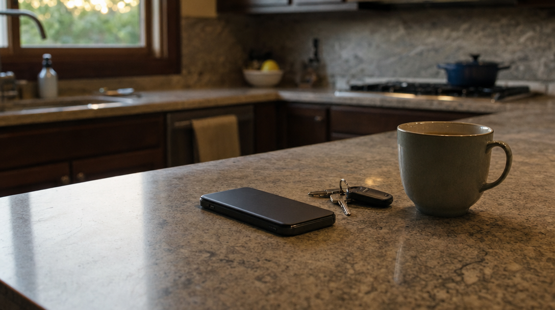 Smartphone lying face down on a kitchen counter beside keys and a mug