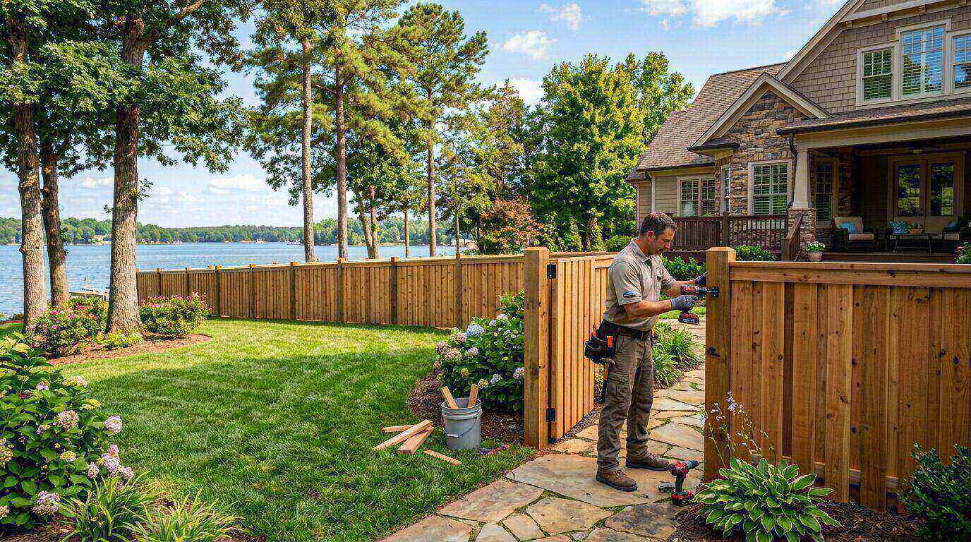 Freshly installed wood privacy fence in a Lake Norman backyard, Carolina Fencing Solutions