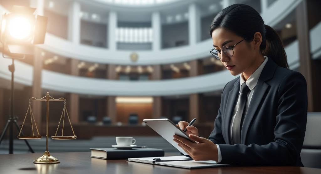 Legal professional reviewing digital documents on a tablet in a courthouse