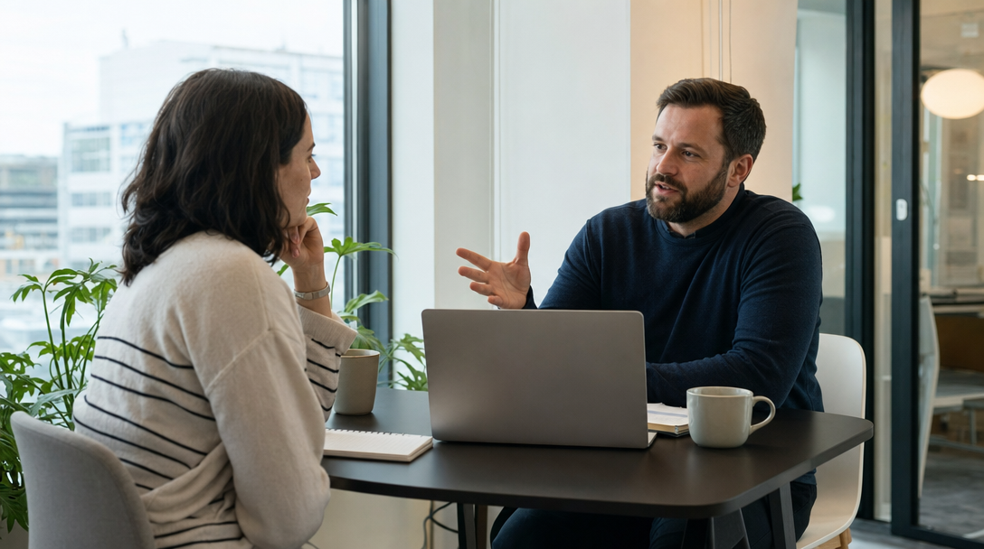 Two people discussing campaign performance across a table in an office