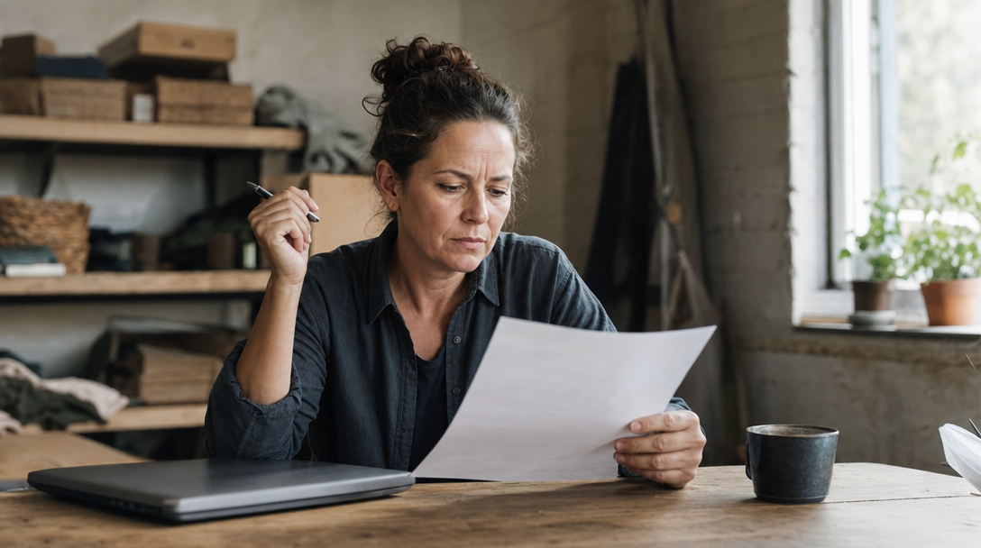 Small business owner reviewing a printed marketing report at a desk