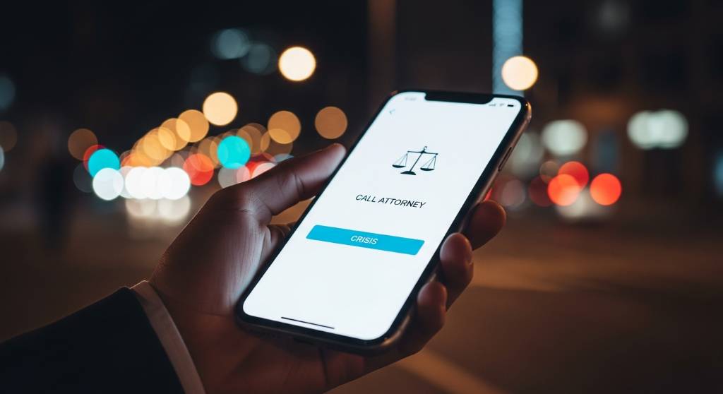 Hand holding a smartphone at night showing a legal website with a large Call Attorney button, a city street blurred behind it.