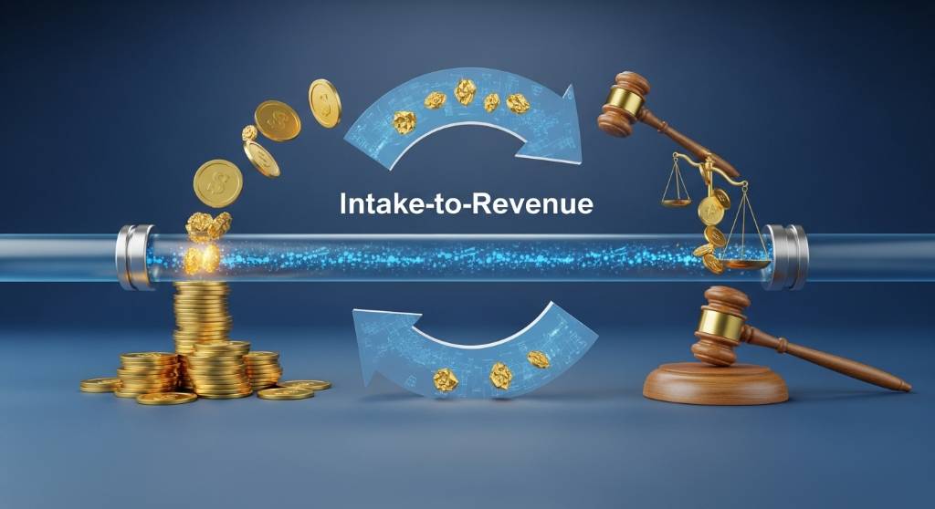 Digital pipeline illustration turning raw intake data into gold coins and legal gavels, showing the intake-to-revenue loop