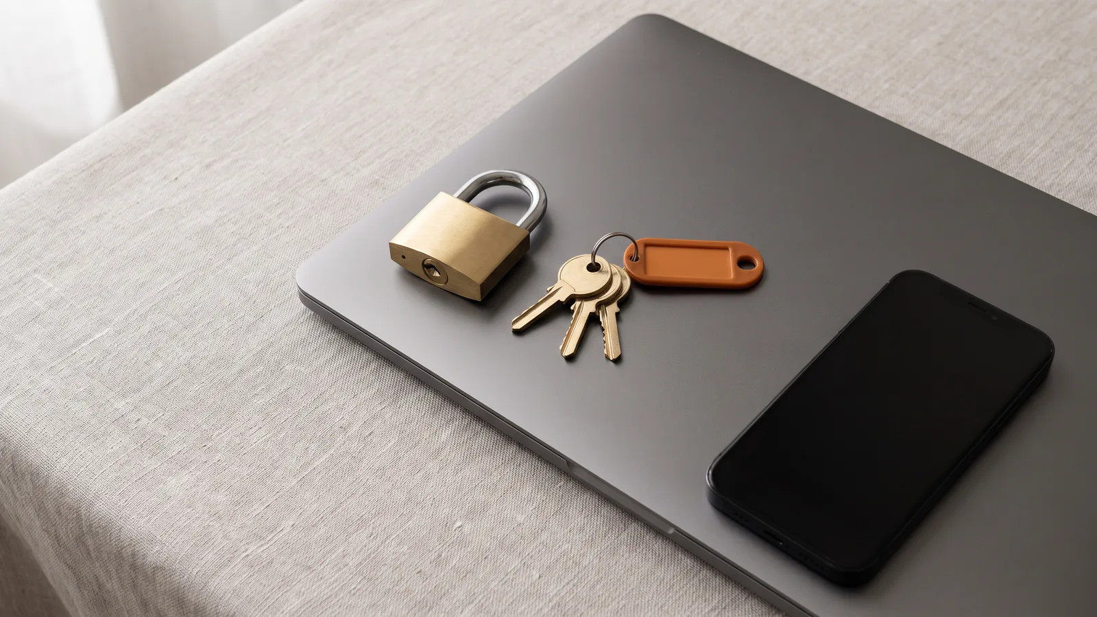 Brass padlock and keys with an orange tag on a closed laptop