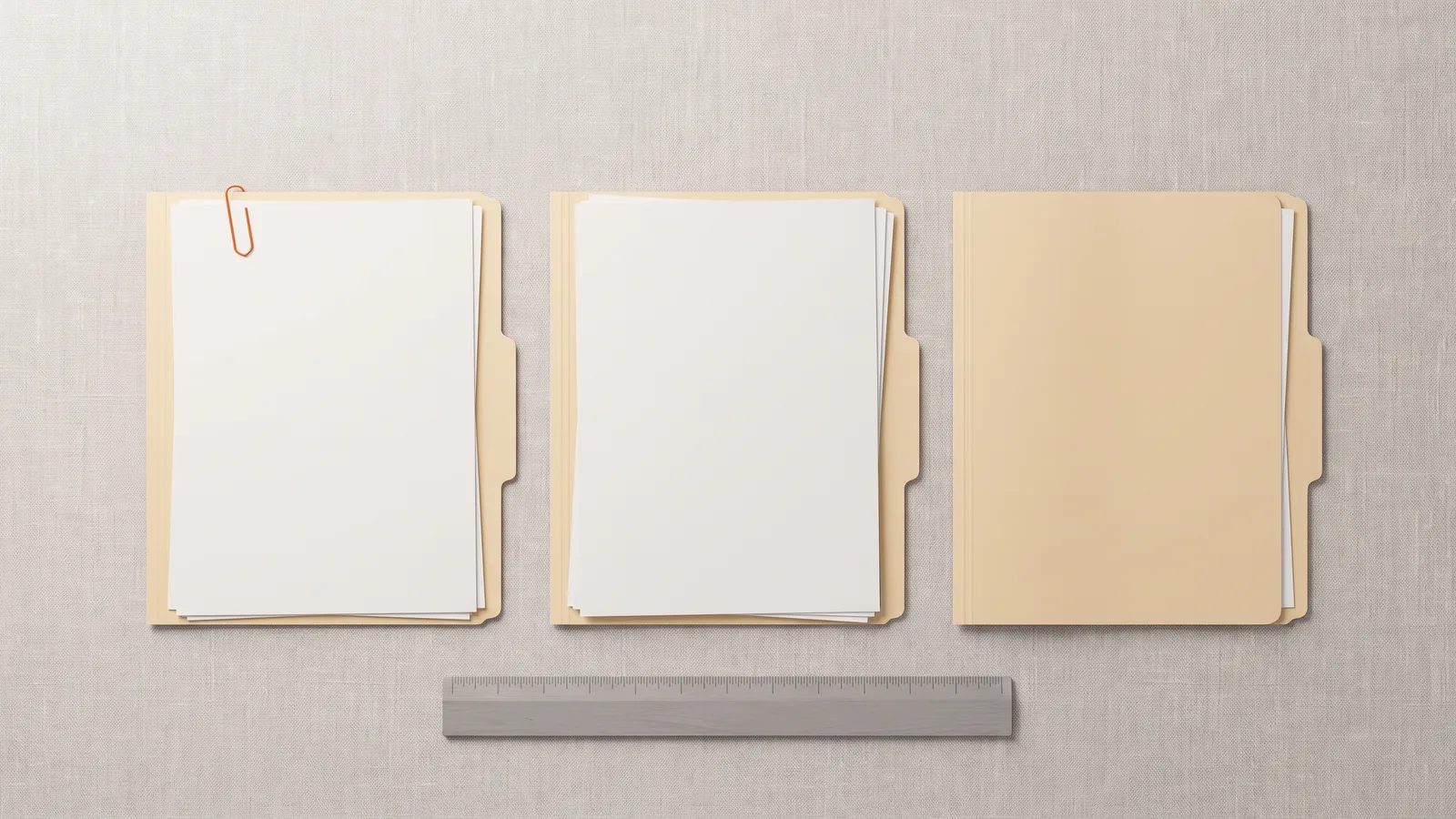 Three manila folders side by side with blank pages and a ruler below