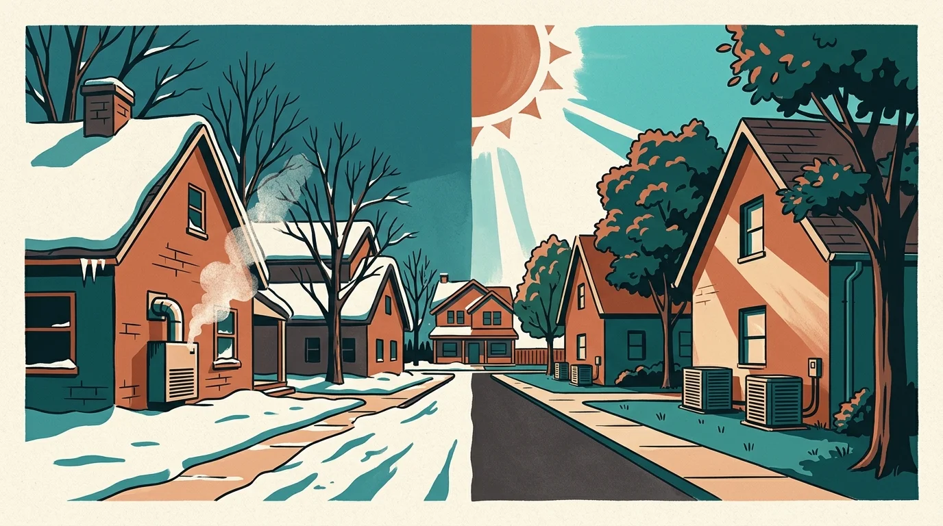 Illustrated street split between winter furnace venting and summer air conditioner units