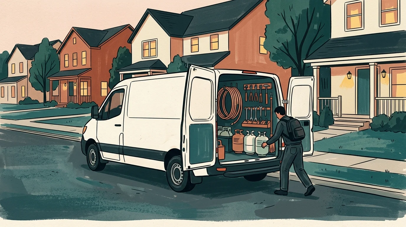 Illustrated unmarked service van with copper line sets and recovery tanks at dusk