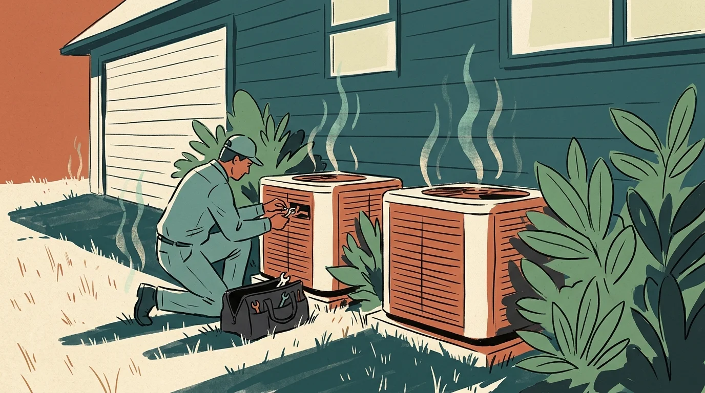 Illustrated technician kneeling to service two condenser units beside a suburban house