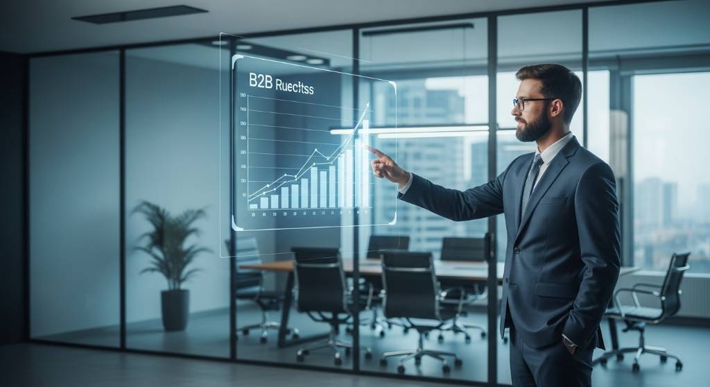 Analyst pointing to a rising growth chart in a corporate conference room