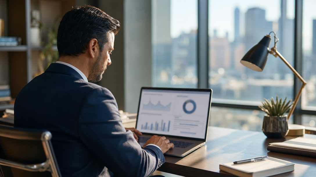 Attorney reviewing law firm website analytics on a laptop in Los Angeles