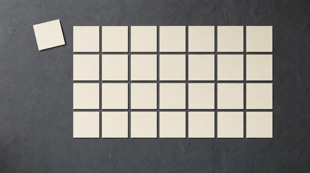 Identical blank cream cards in a grid on dark slate, one card set apart