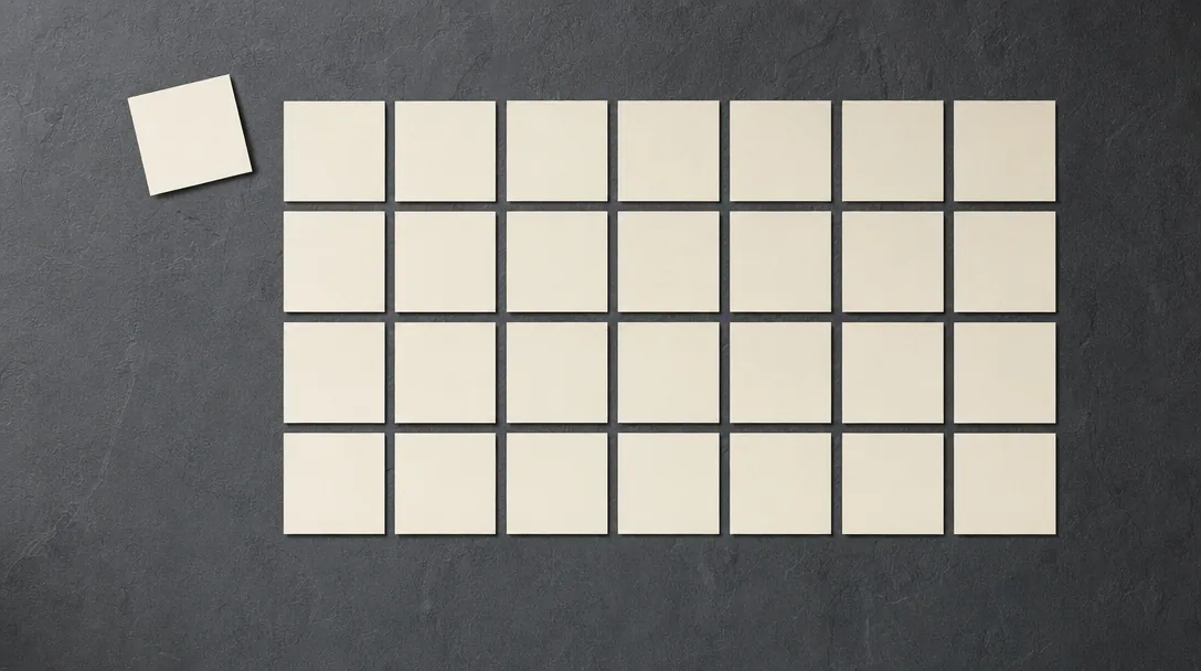 Identical blank cream cards in a grid on dark slate, one card set apart