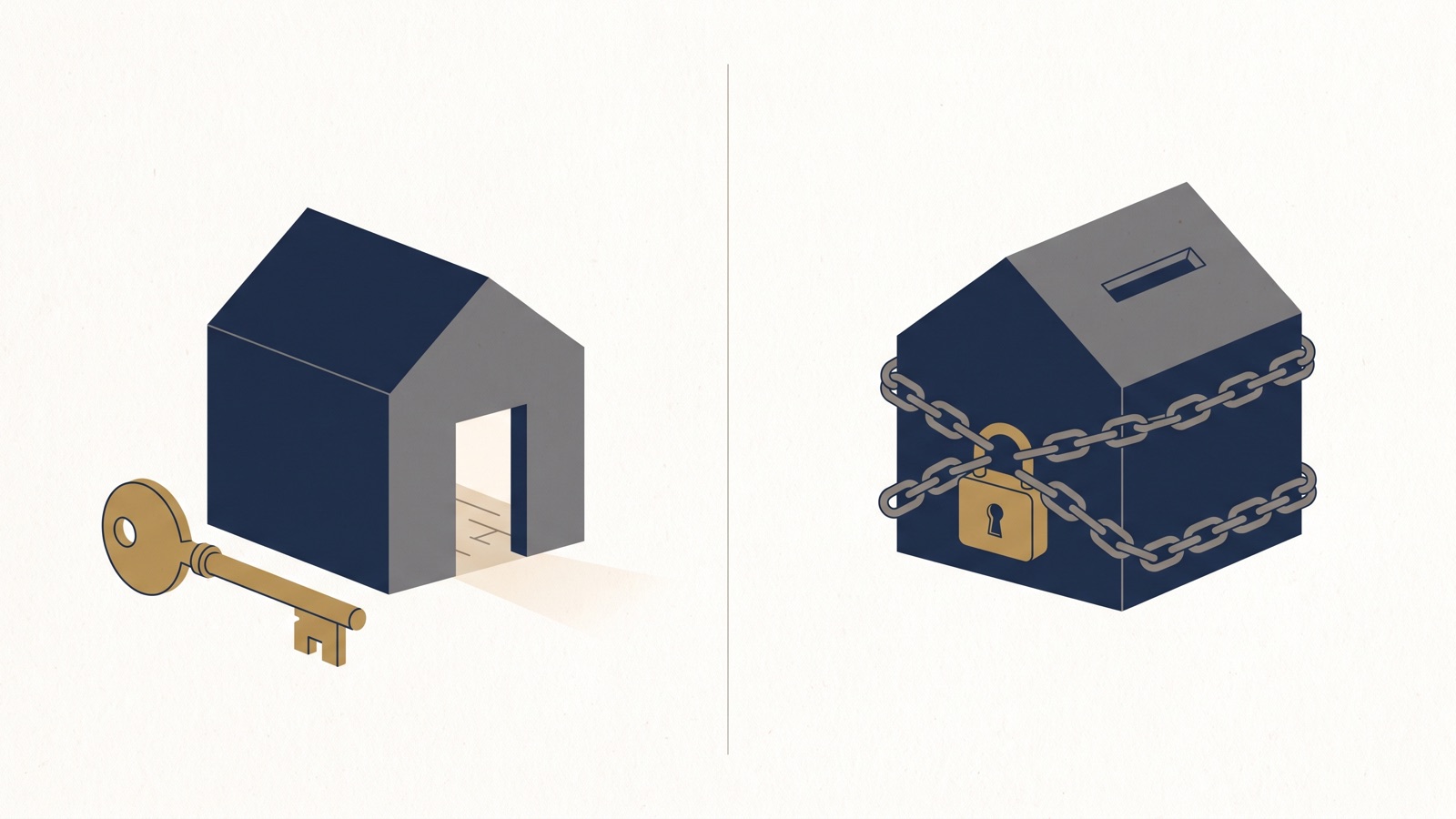Brass key beside an open house block, and the same block padlocked in chains