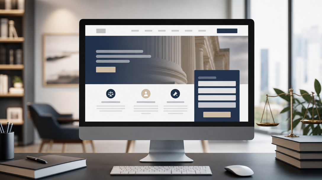 Law firm website homepage layout shown on an office desktop monitor