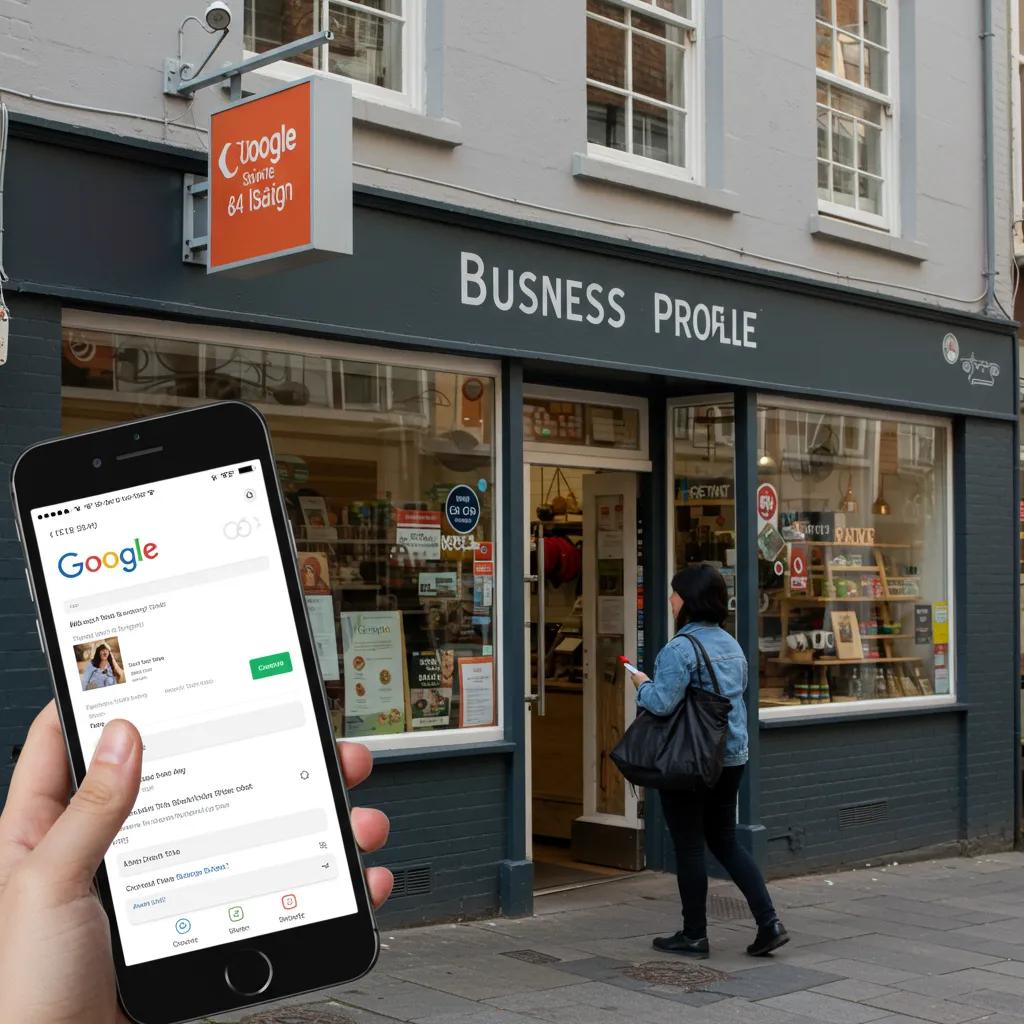 Local business storefront with a Google Business Profile listing open on a smartphone