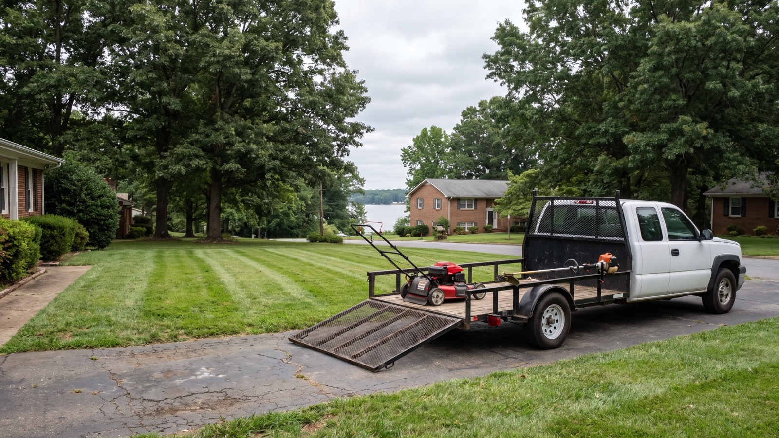 White pickup and open trailer with a mower on the ramp in a driveway