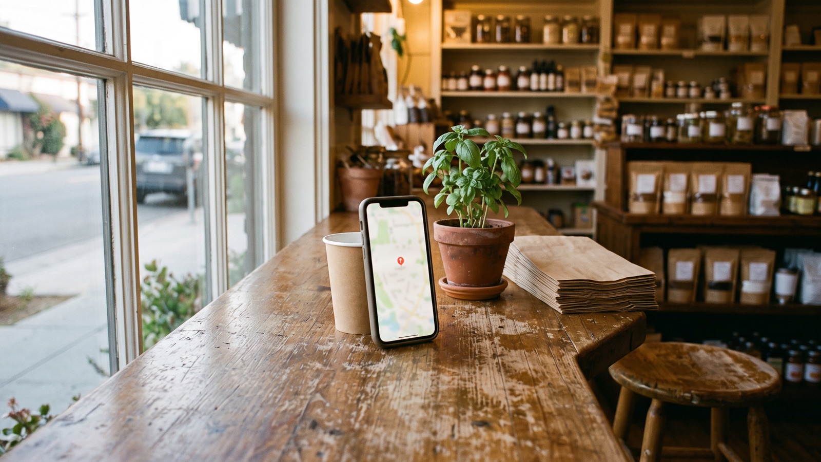 Smartphone showing a map pin on a wooden shop counter beside a coffee cup
