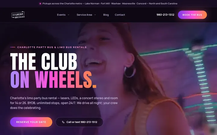 CLT Limo Bus rebuild: The club on wheels, a party bus interior lit in pink and violet