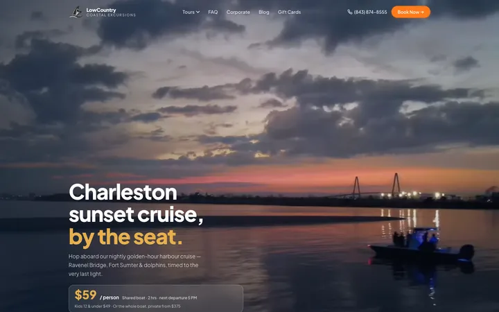 Charleston sunset cruise page on the LowCountry Coastal Excursions site built on Lovable